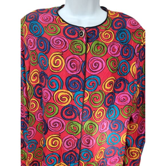 studio silk Tops - Vintage 90s 100% Silk Blouse L Long Sleeve Button Mod Red Psychedelic